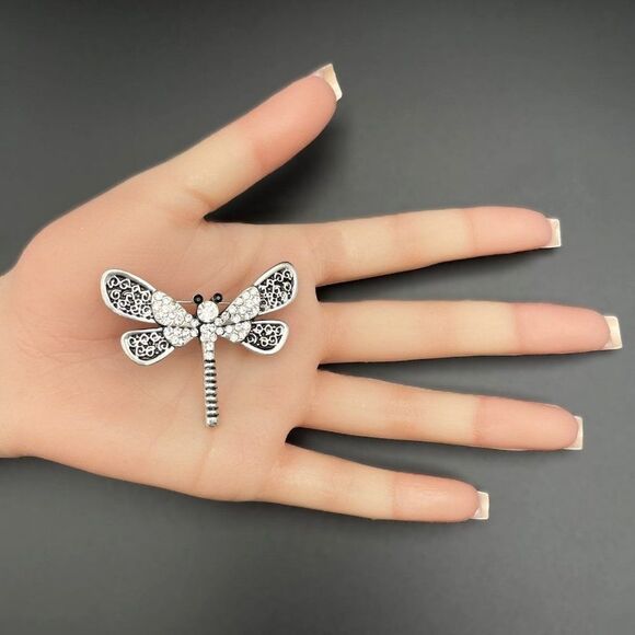 Silver with White Diamond and Onyx Crystal Filigree Dragonfly Pin Back Brooch - Picture 7 of 7